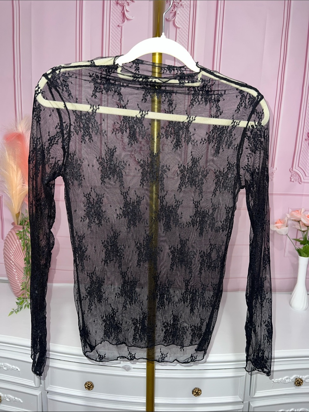 Black Sheer Lace Long Sleeve Layering Top